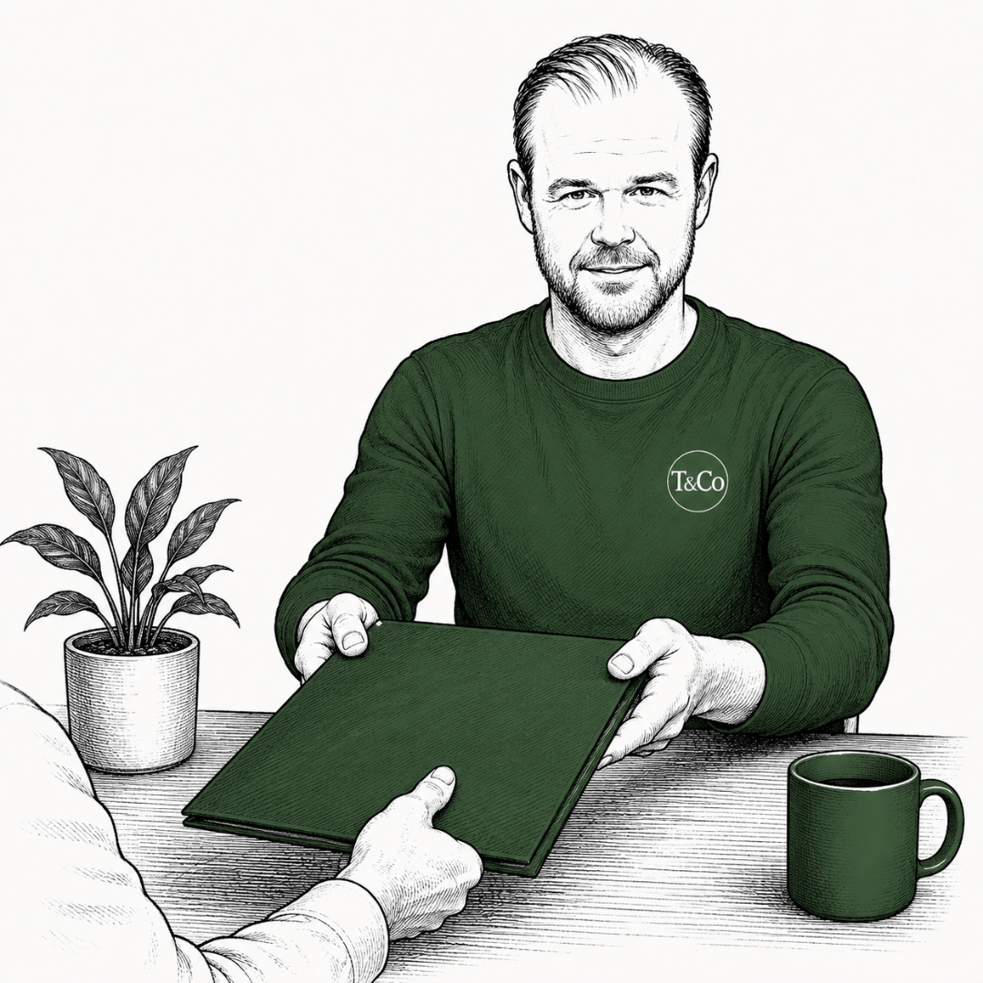 Illustration af Frederik, der rækker en lukket mappe frem til en kunde som symbol på diskretion og fortrolighed.