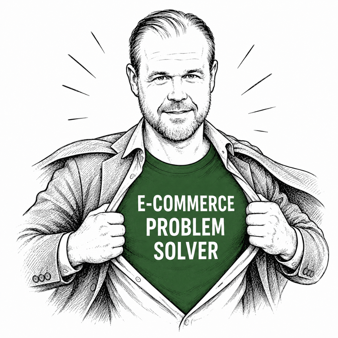 Illustration af Frederik, der åbner sin skjorte og afslører en grøn T-shirt med teksten “E-commerce problem solver”